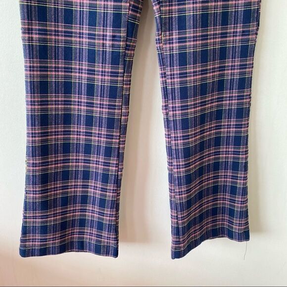 Urban Outfitters-Plaid Navy Pink Yellow Kick Flare Ankle High Rise Pants - Picture 7 of 11